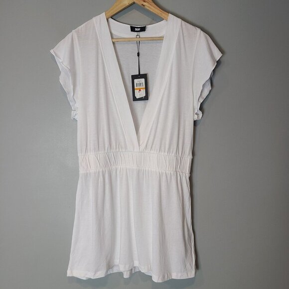 NWT DKNY Tunic Cover Up Womens Small White Cotton Modal V-Neck - Picture 2 of 7